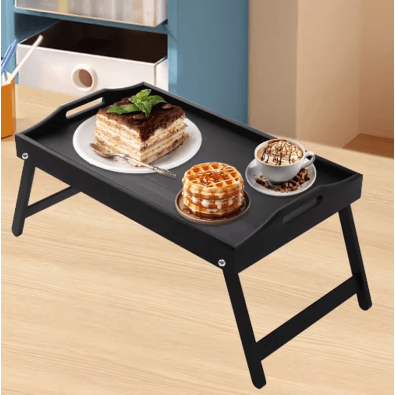Bamboo Breakfast Bed Tray With Folding Legs Sofa Laptop And Snack Serving Tray Black White 7