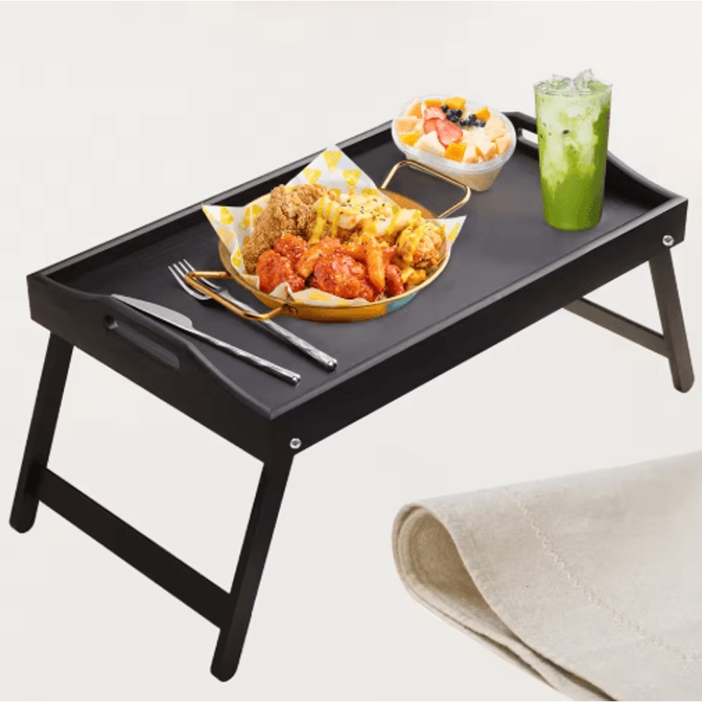 Bamboo Breakfast Bed Tray With Folding Legs Sofa Laptop And Snack Serving Tray Black White 0