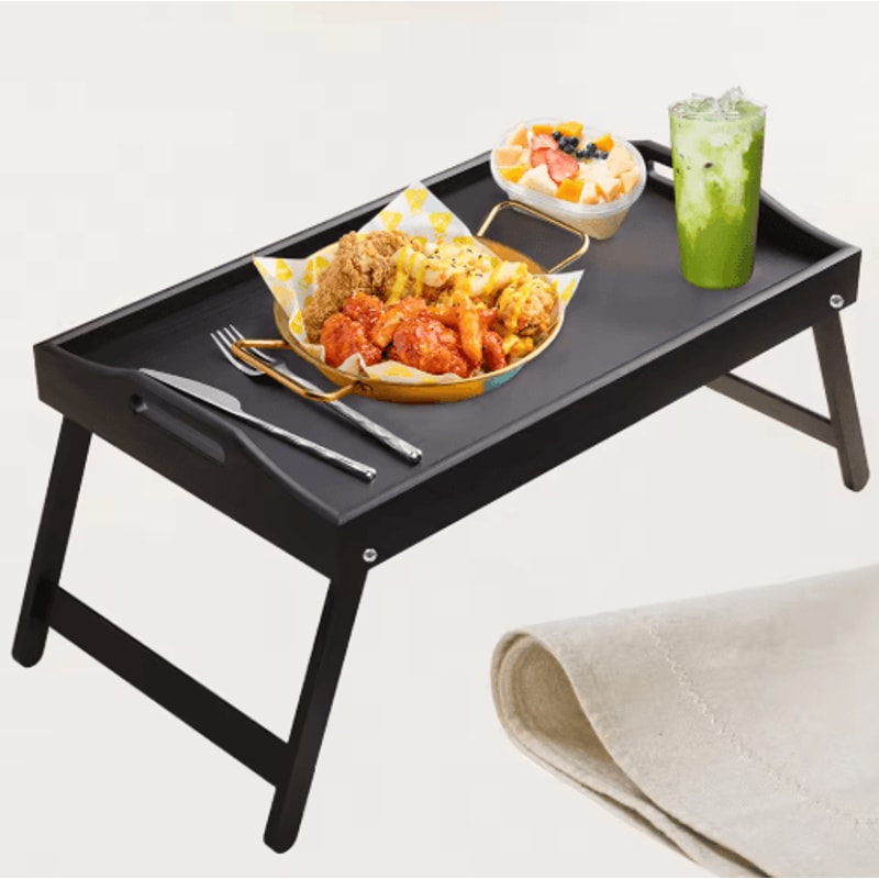 Bamboo Breakfast Bed Tray With Folding Legs Sofa Laptop And Snack Serving Tray Black White 0