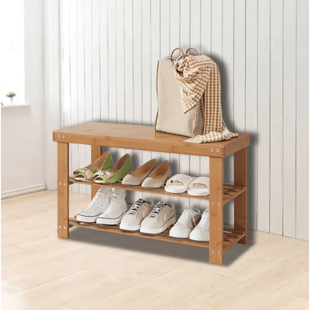 Bamboo Shoe Rack Bench 3 Tier Storage Bench For Hallway Bathroom And Living Room 8