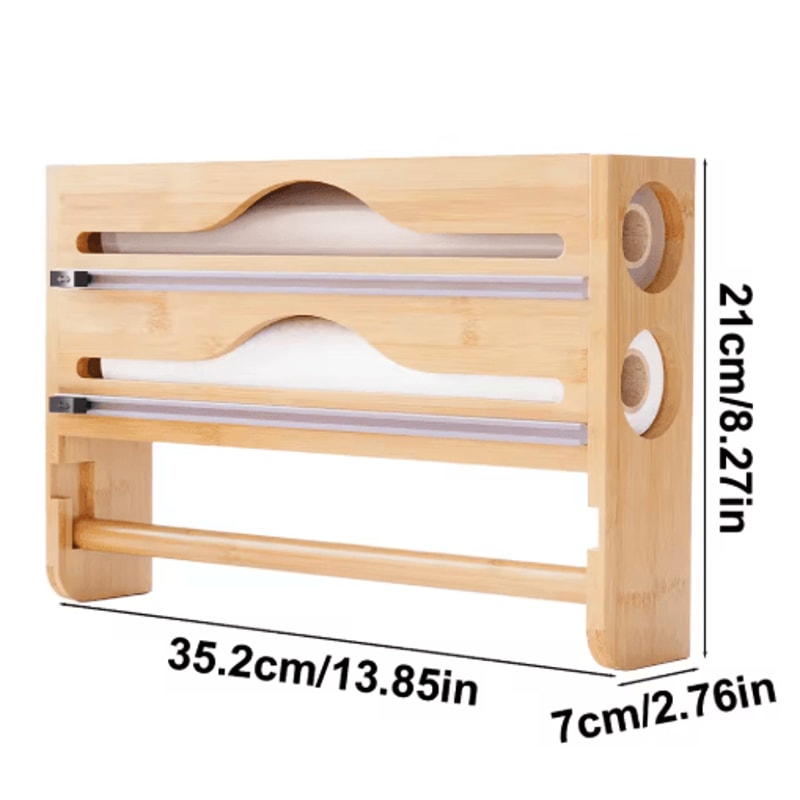 Bamboo Kitchen Organizer Wall Mounted Cling Film And Foil Dispenser With Cutter 2
