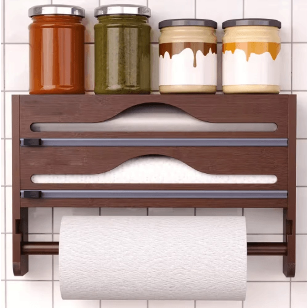 Bamboo Kitchen Organizer Wall Mounted Cling Film And Foil Dispenser With Cutter 5