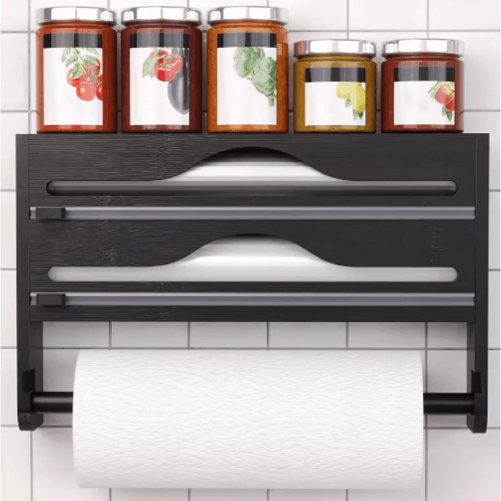 Bamboo Kitchen Organizer Wall Mounted Cling Film And Foil Dispenser With Cutter 0