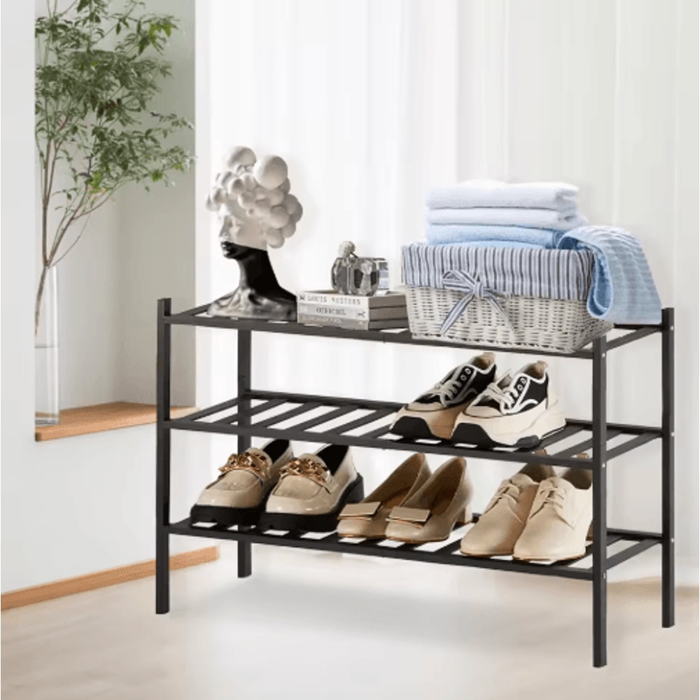 2 To 3 Tier Stackable Bamboo Shoe Rack Freestanding Entryway And Closet Organizer Black 3