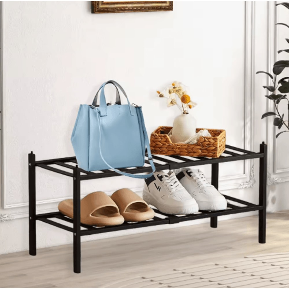 2 To 3 Tier Stackable Bamboo Shoe Rack Freestanding Entryway And Closet Organizer Black 4