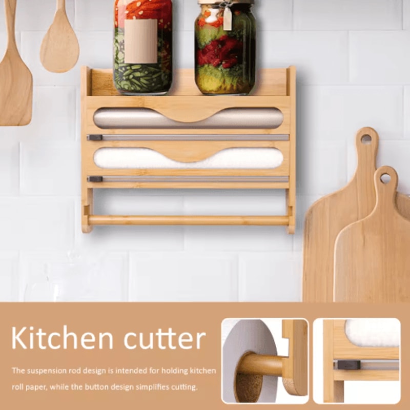 Bamboo Foil And Cling Film Organizer With Cutter Wall Mounted Kitchen Storage And Paper Towel Holde 3