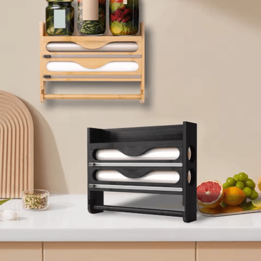 Bamboo Foil And Cling Film Organizer With Cutter Wall Mounted Kitchen Storage And Paper Towel Holde 4