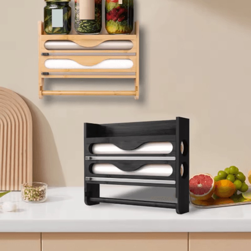 Bamboo Foil And Cling Film Organizer With Cutter Wall Mounted Kitchen Storage And Paper Towel Holde 4