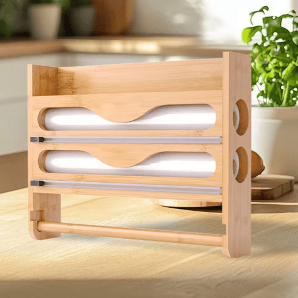 Bamboo Foil And Cling Film Organizer With Cutter Wall Mounted Kitchen Storage And Paper Towel Holde 5