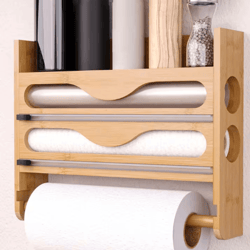 bamboo foil and cling film organizer with cutter wall mounted kitchen storage and paper towel holder