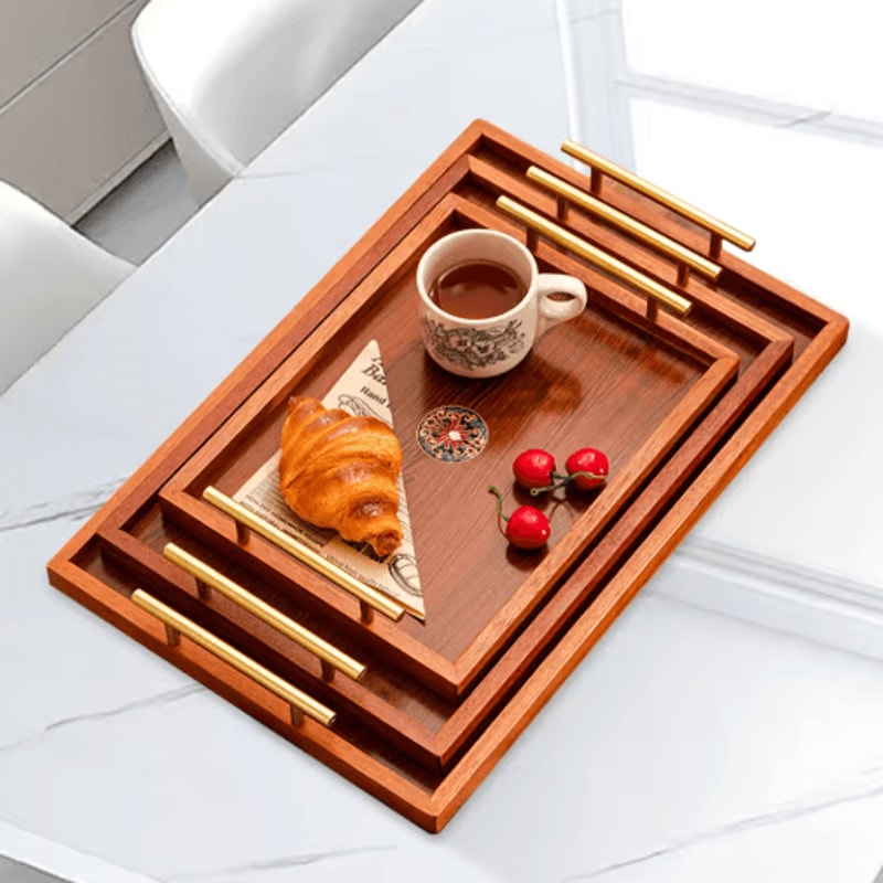 Wooden Serving Tray Set 3 Piece Breakfast Party And Storage Trays With Metal Handles Brown 5