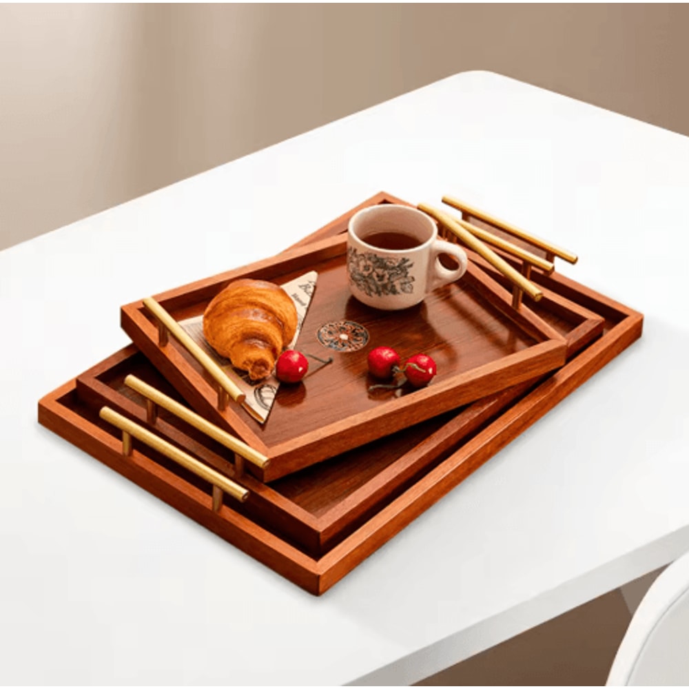Wooden Serving Tray Set 3 Piece Breakfast Party And Storage Trays With Metal Handles Brown 0