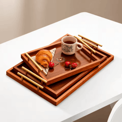 wooden serving tray set 3 piece breakfast party and storage trays with metal handles brown