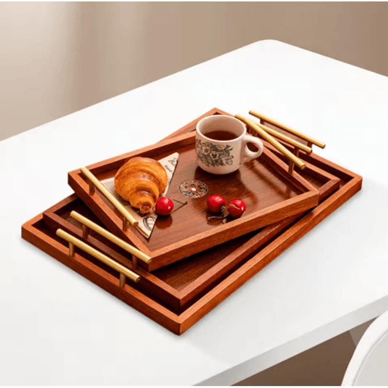 Wooden Serving Tray Set 3 Piece Breakfast Party And Storage Trays With Metal Handles Brown 0