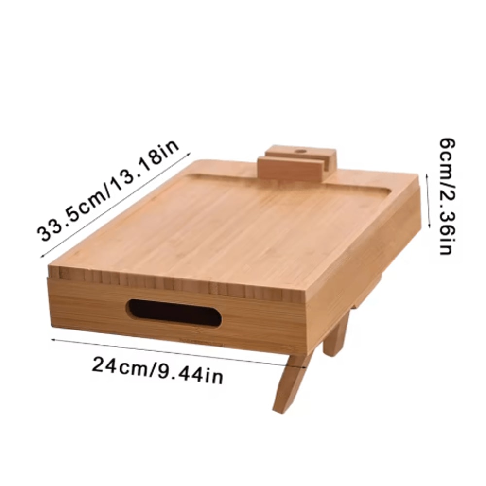 Bamboo Couch Armrest Tray Foldable Sofa Tray With 360 Rotating Phone And Tablet Stand 1