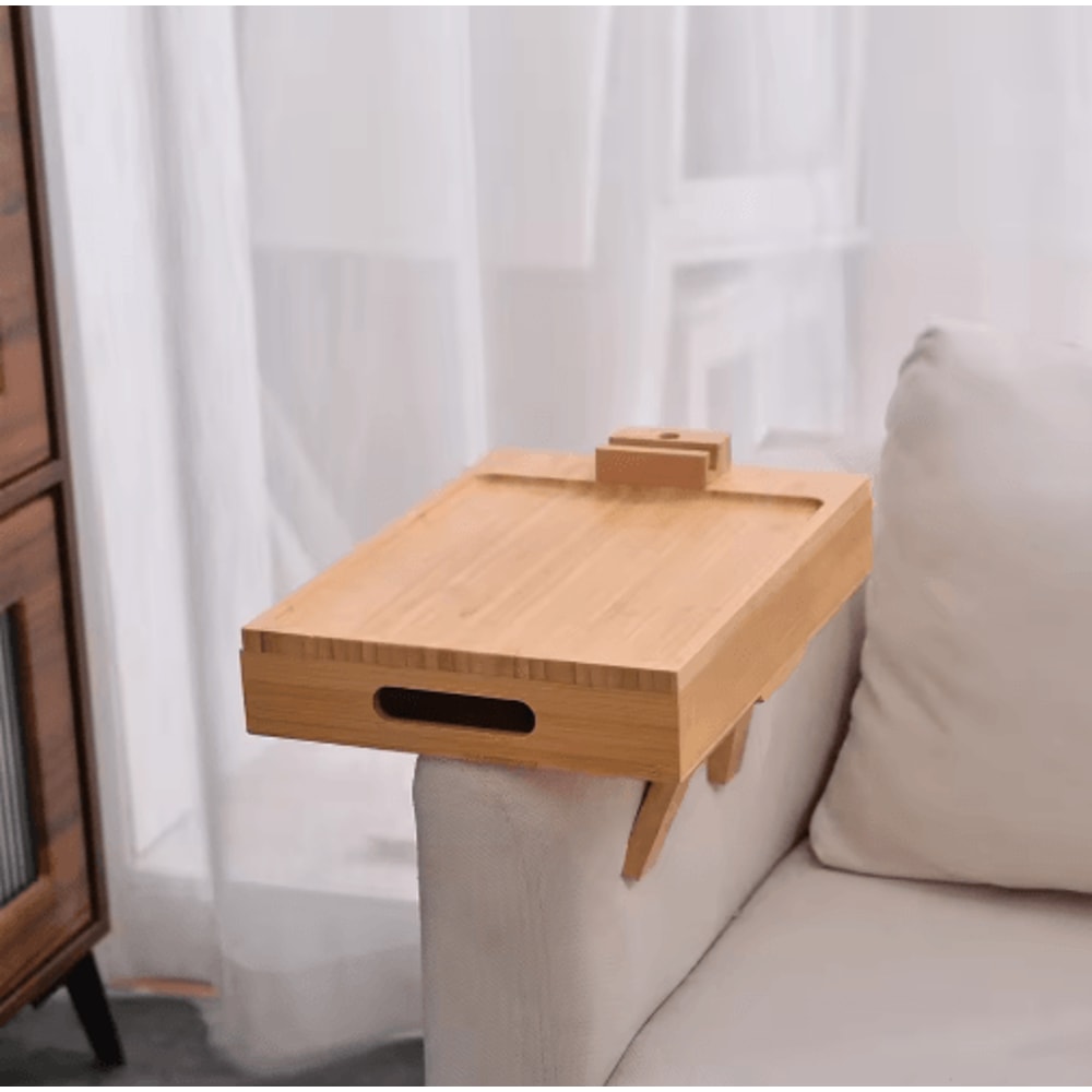 Bamboo Couch Armrest Tray Foldable Sofa Tray With 360 Rotating Phone And Tablet Stand 2