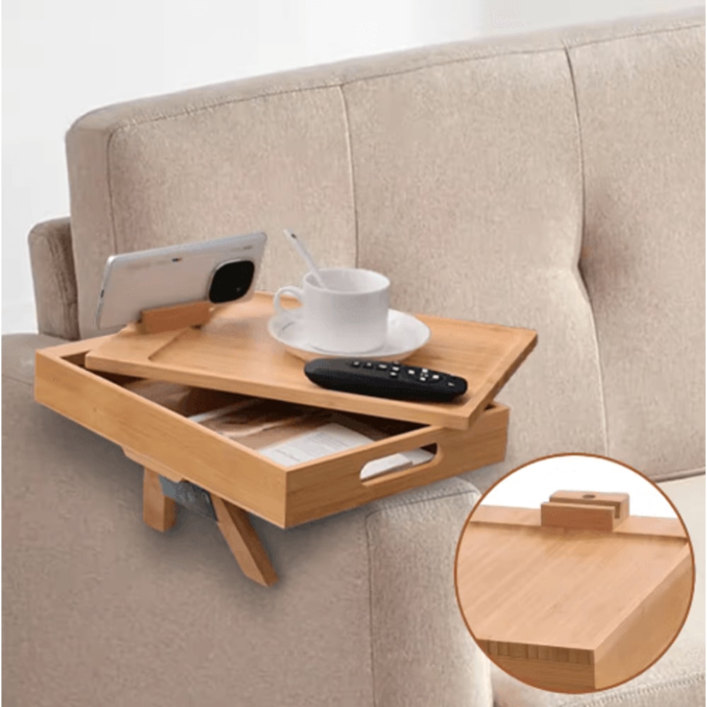 Bamboo Couch Armrest Tray Foldable Sofa Tray With 360 Rotating Phone And Tablet Stand 4