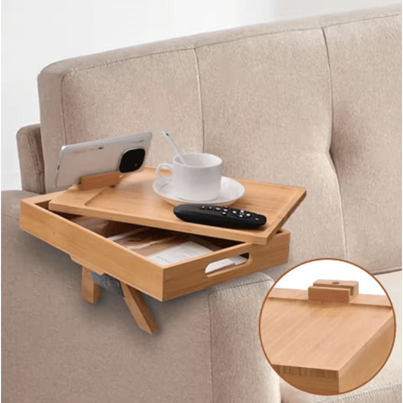 Bamboo Couch Armrest Tray Foldable Sofa Tray With 360 Rotating Phone And Tablet Stand 4
