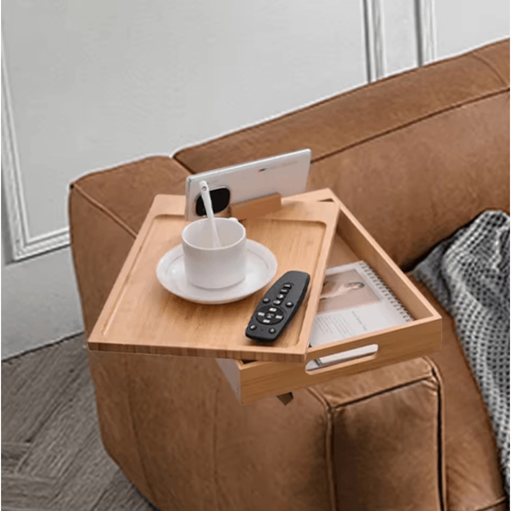 Bamboo Couch Armrest Tray Foldable Sofa Tray With 360 Rotating Phone And Tablet Stand 5