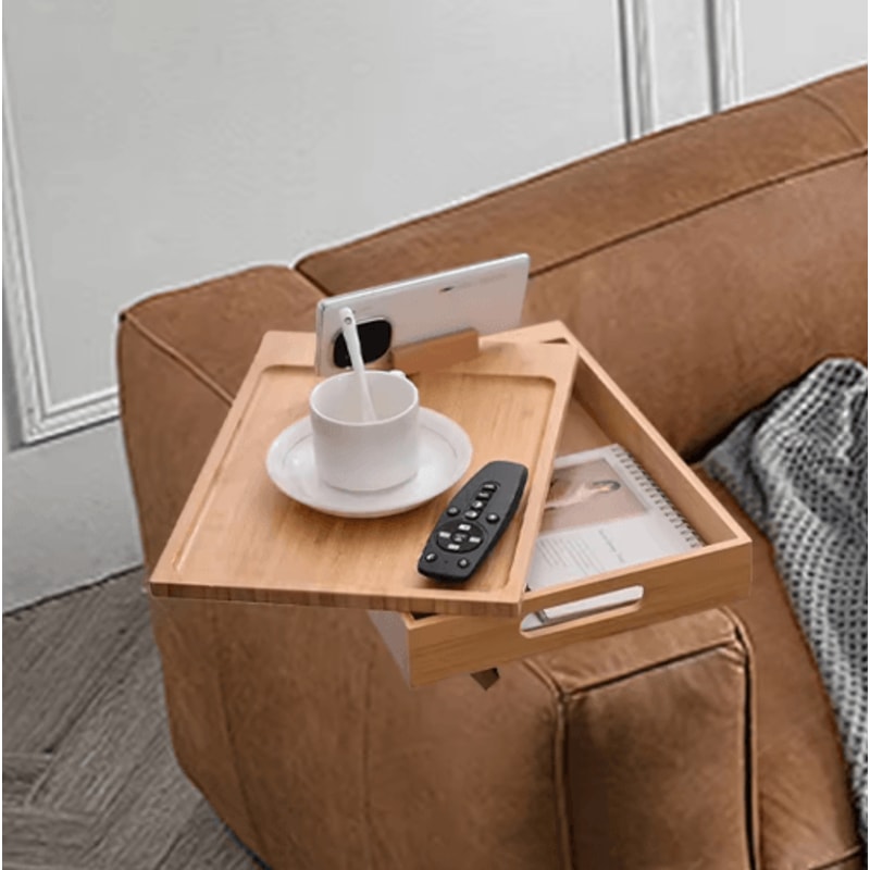 Bamboo Couch Armrest Tray Foldable Sofa Tray With 360 Rotating Phone And Tablet Stand 5