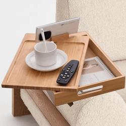 bamboo couch armrest tray foldable sofa tray with 360 rotating phone and tablet stand
