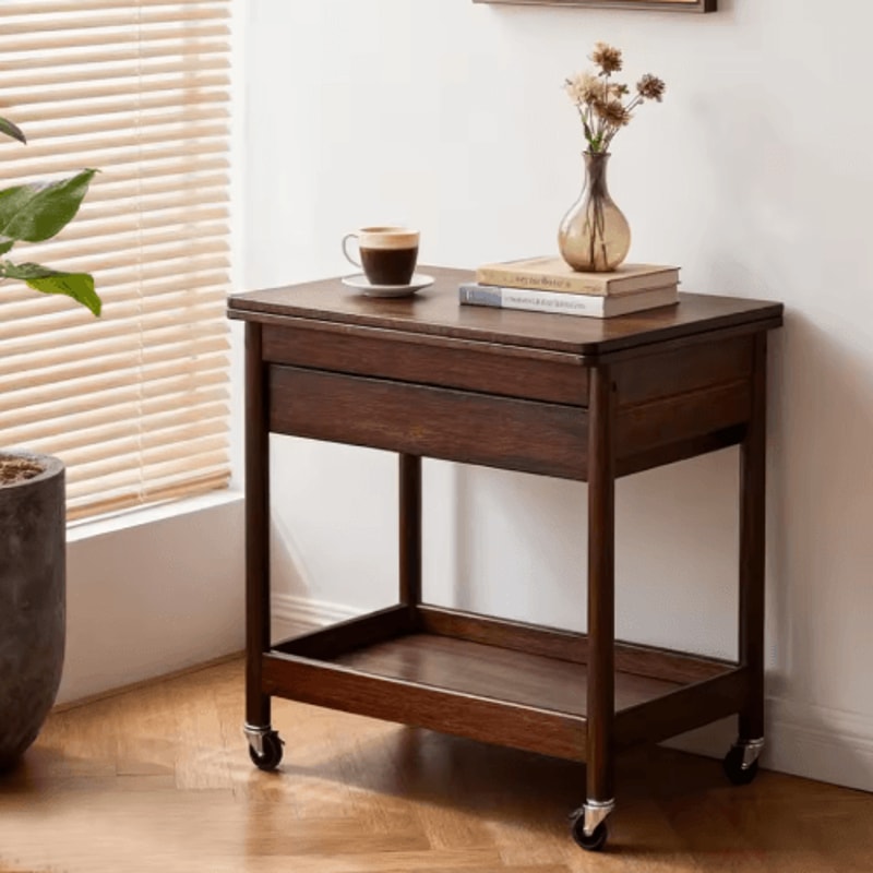 Extendable Foldable Dining Table With Drawer And Wheels Space Saving Farmhouse Table Walnut 1