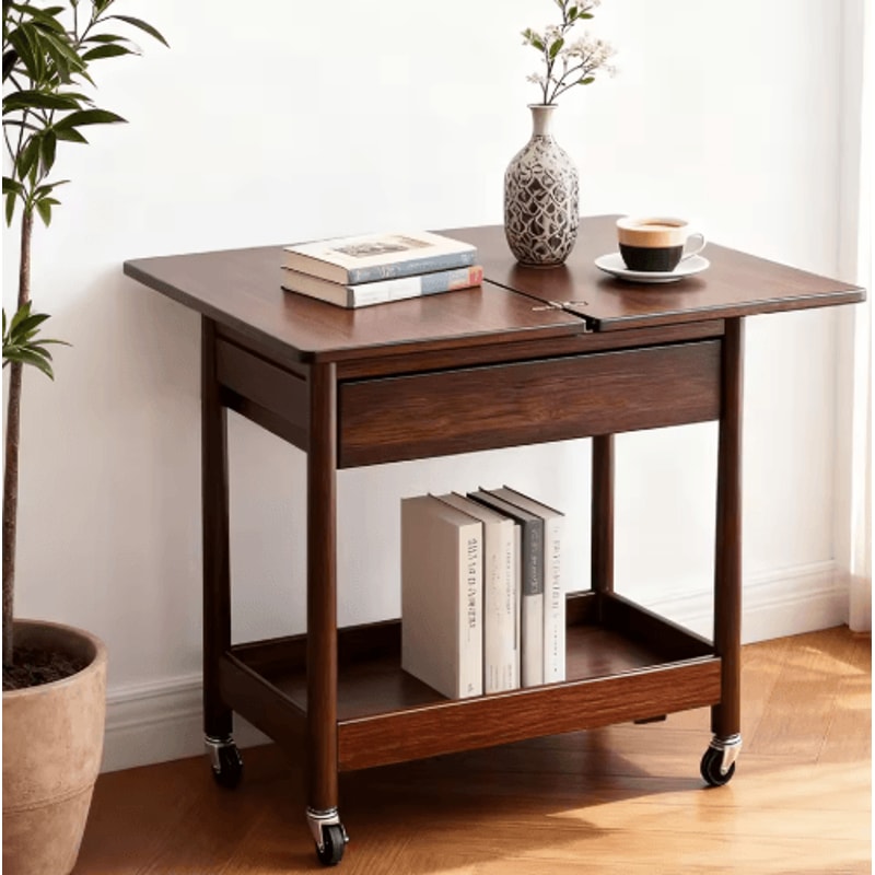 Extendable Foldable Dining Table With Drawer And Wheels Space Saving Farmhouse Table Walnut 2