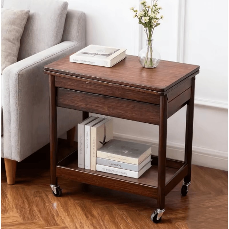 Extendable Foldable Dining Table With Drawer And Wheels Space Saving Farmhouse Table Walnut 3