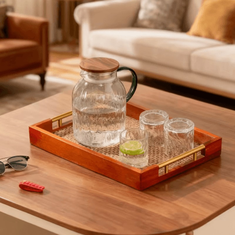 Solid Wood Rectangular Serving Tray With Metal Handles Coffee Table And Kitchen Decor 177 By 118 In 6