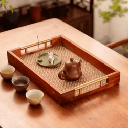 solid wood rectangular serving tray with metal handles coffee table and kitchen decor 17.7 by 11.8 in brown