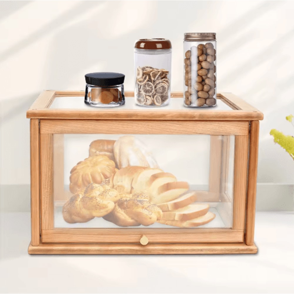 Bamboo Bread Box Large Capacity Stackable Kitchen Storage With Clear Window 0