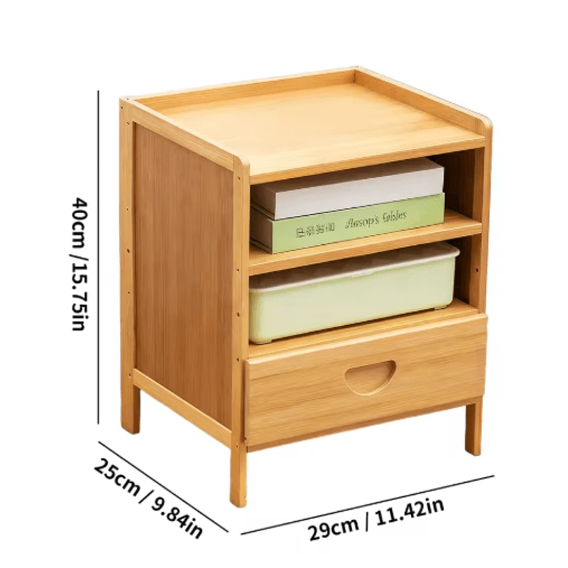 Bamboo Nightstand Storage Cabinet Space Saving Drawer And Shelf Organizer 3