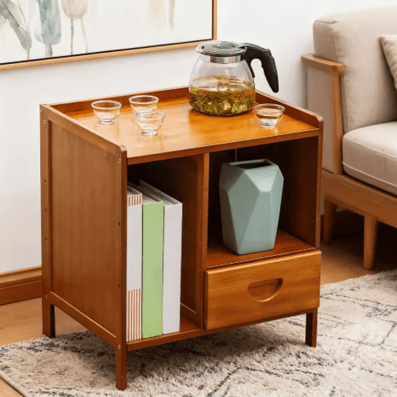 Bamboo Nightstand Storage Cabinet Space Saving Drawer And Shelf Organizer 7
