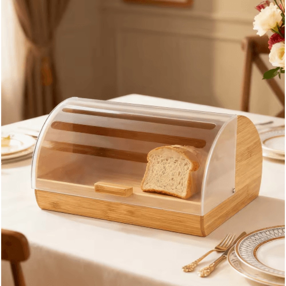 Farmhouse Bamboo Roll Top Bread Box Space Saving Airtight Kitchen Storage With Clear Acrylic Lid 2