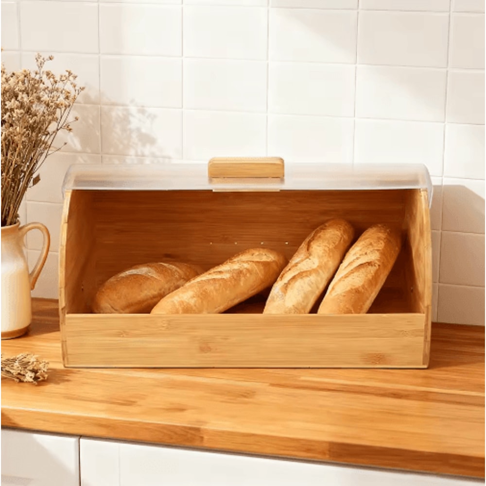Farmhouse Bamboo Roll Top Bread Box Space Saving Airtight Kitchen Storage With Clear Acrylic Lid 3