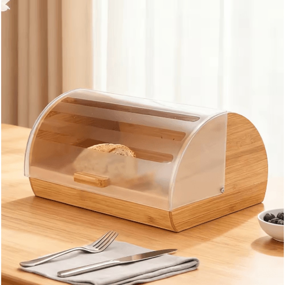 Farmhouse Bamboo Roll Top Bread Box Space Saving Airtight Kitchen Storage With Clear Acrylic Lid 4