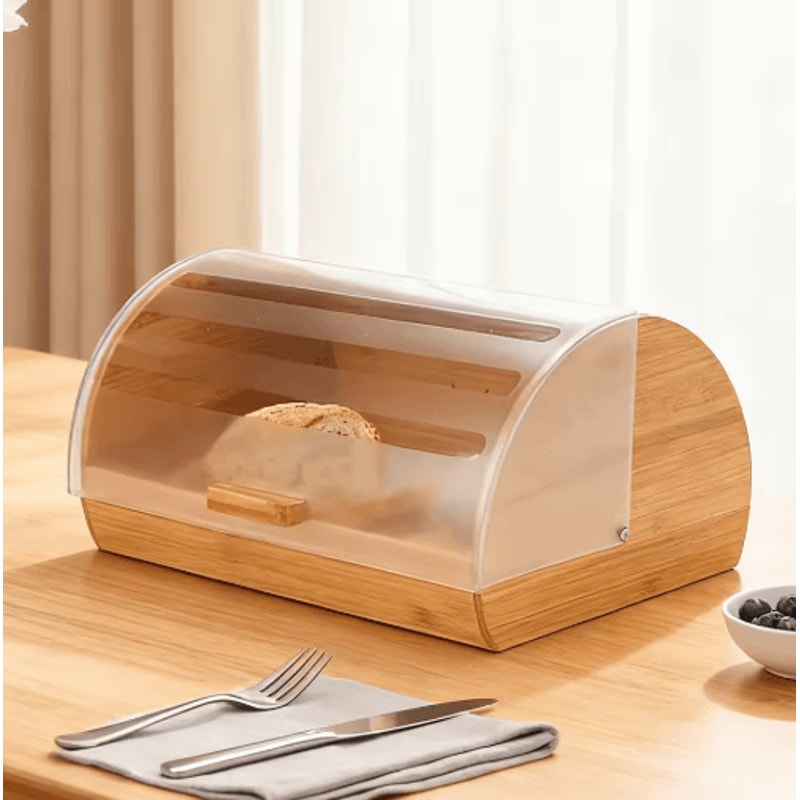 Farmhouse Bamboo Roll Top Bread Box Space Saving Airtight Kitchen Storage With Clear Acrylic Lid 4