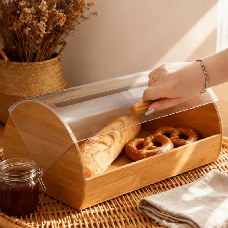 Farmhouse Bamboo Roll Top Bread Box Space Saving Airtight Kitchen Storage With Clear Acrylic Lid 0