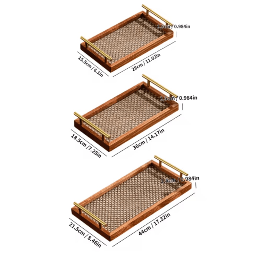 Solid Wood Bohemian Serving Tray Rustic Decor With Gold Handles And Woven Bottom 173 1