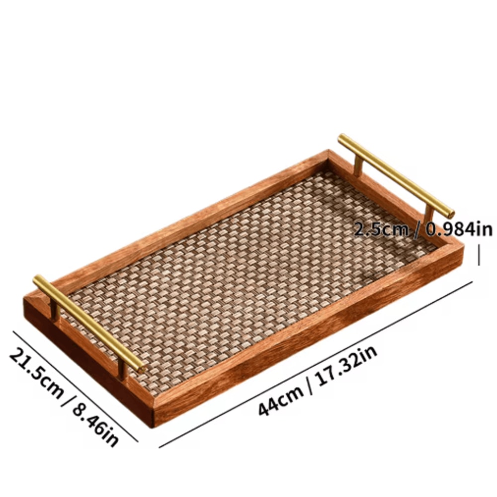 Solid Wood Bohemian Serving Tray Rustic Decor With Gold Handles And Woven Bottom 173 2