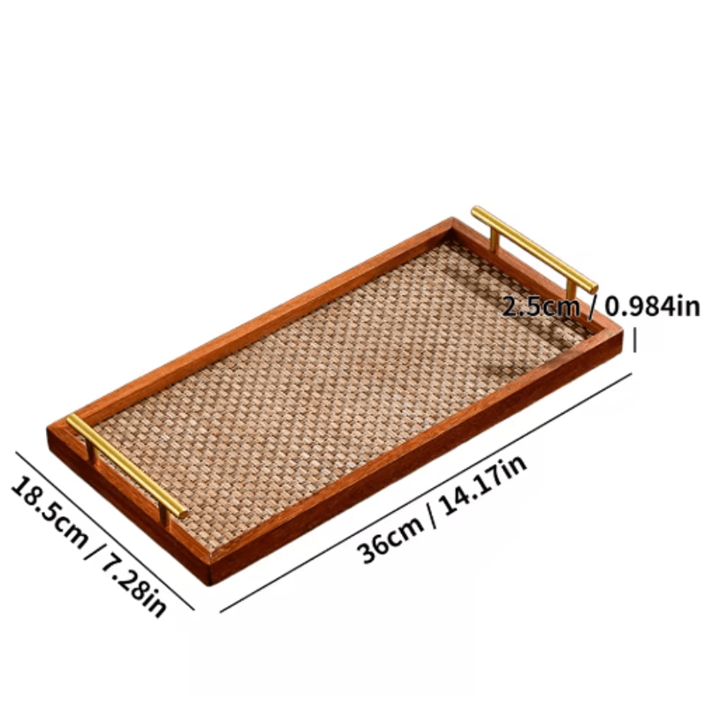 Solid Wood Bohemian Serving Tray Rustic Decor With Gold Handles And Woven Bottom 173 3
