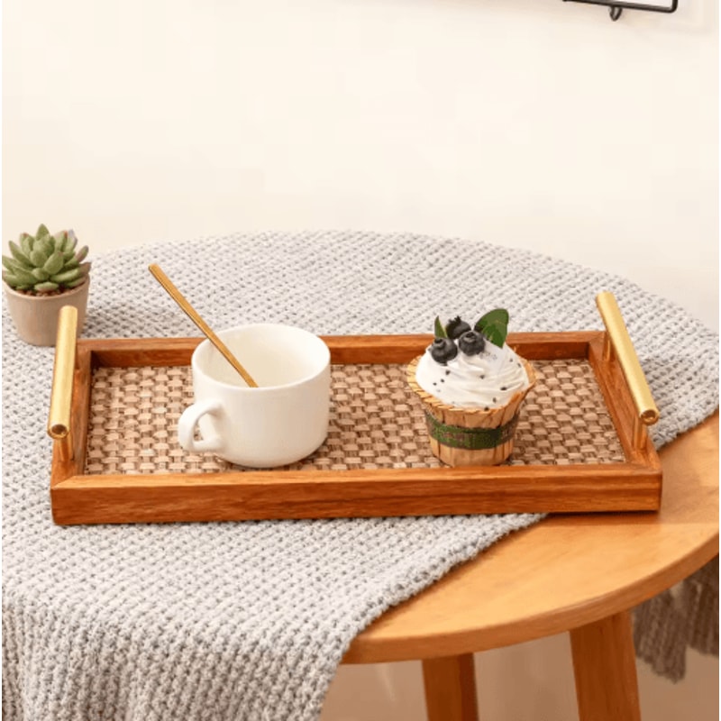 Solid Wood Bohemian Serving Tray Rustic Decor With Gold Handles And Woven Bottom 173 5