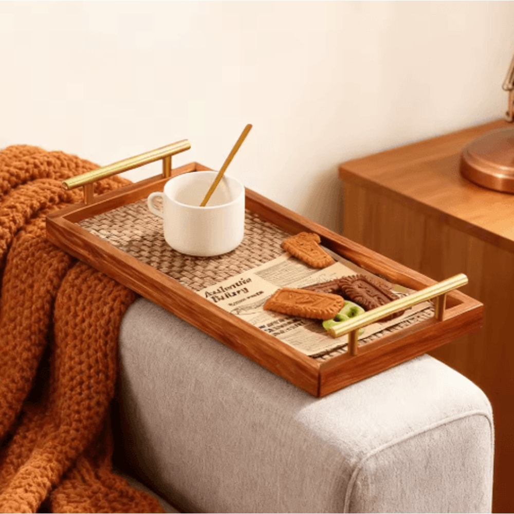 Solid Wood Bohemian Serving Tray Rustic Decor With Gold Handles And Woven Bottom 173 6