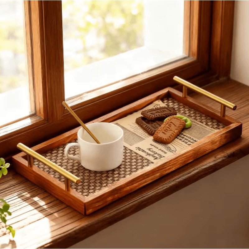 Solid Wood Bohemian Serving Tray Rustic Decor With Gold Handles And Woven Bottom 173 0
