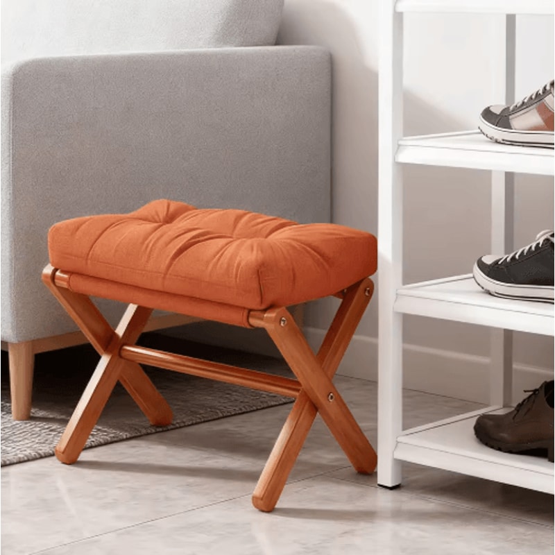 Folding Bamboo Leg Upholstered Foot Stool Soft Pad Ottoman For Living Room Desk Vanity Brown 5