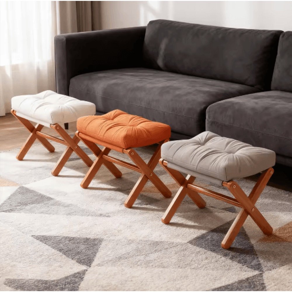 Folding Bamboo Leg Upholstered Foot Stool Soft Pad Ottoman For Living Room Desk Vanity Brown 6