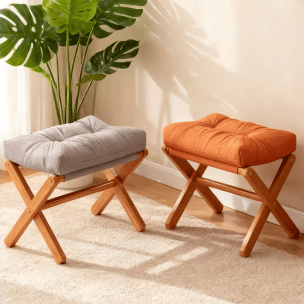 Folding Bamboo Leg Upholstered Foot Stool Soft Pad Ottoman For Living Room Desk Vanity Brown 7