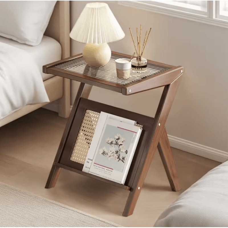 Mid Century Boho Rattan Bamboo Side Table Acrylic Coffee Table Record Player Stand 5