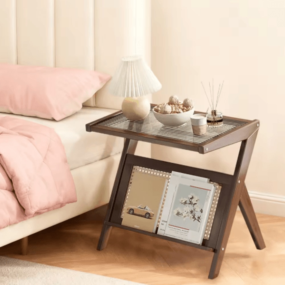 Mid Century Boho Rattan Bamboo Side Table Acrylic Coffee Table Record Player Stand 6