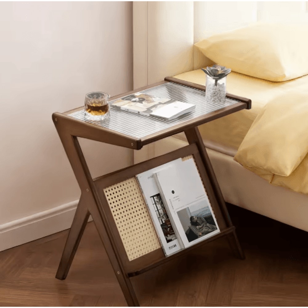 Mid Century Boho Rattan Bamboo Side Table Acrylic Coffee Table Record Player Stand 0